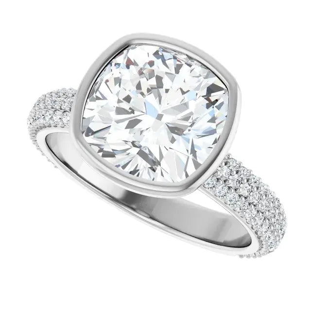 14K White Gold 1 CTW Cushion Cut Diamond Engagement Ring with Bezel Setting and Pavé Accents