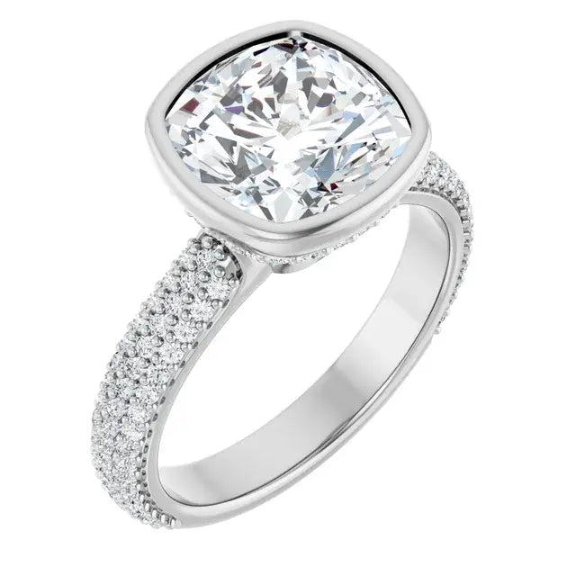 14K White Gold 1 CTW Cushion Cut Diamond Engagement Ring with Bezel Setting and Pavé Accents