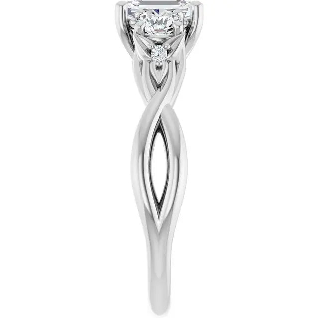 14K White Gold 1 CTW Emerald Cut Diamond Three-Stone Engagement Ring with Round Side Diamonds and Twisted Band