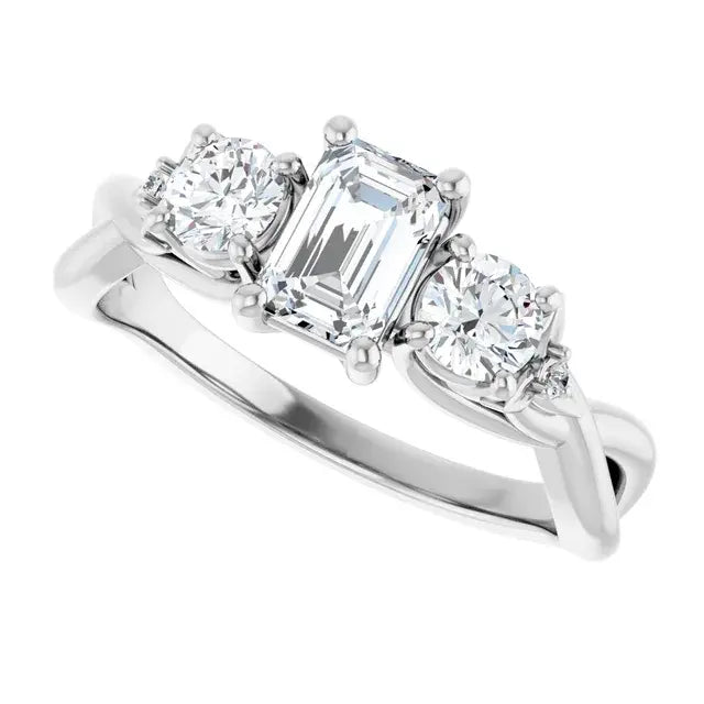 14K White Gold 1 CTW Emerald Cut Diamond Three-Stone Engagement Ring with Round Side Diamonds and Twisted Band