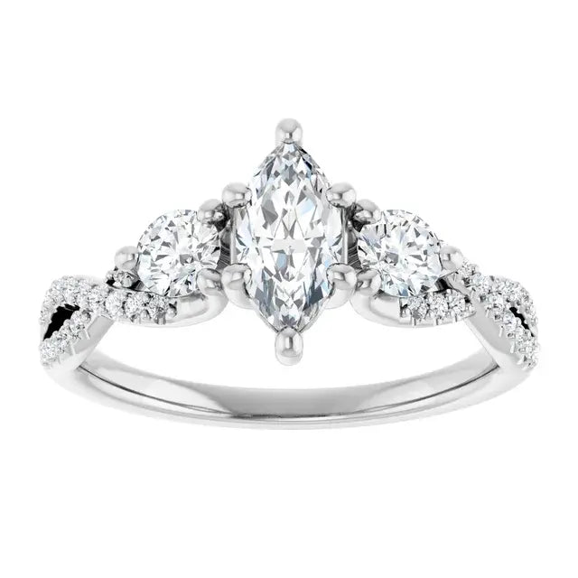 14K White Gold 1 CTW Marquise Cut Diamond Three-Stone Engagement Ring with Round Accents and Twisted Pavé Band