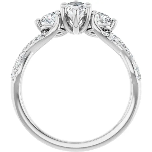14K White Gold 1 CTW Marquise Cut Diamond Three-Stone Engagement Ring with Round Accents and Twisted Pavé Band