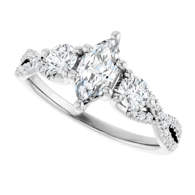 14K White Gold 1 CTW Marquise Cut Diamond Three-Stone Engagement Ring with Round Accents and Twisted Pavé Band