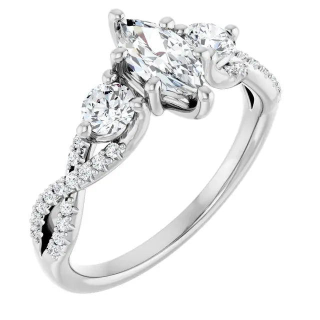 14K White Gold 1 CTW Marquise Cut Diamond Three-Stone Engagement Ring with Round Accents and Twisted Pavé Band