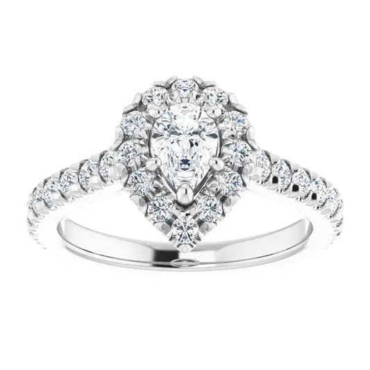 14K White Gold 1 CTW Pear-Shaped Diamond Halo Engagement Ring with Pavé Band