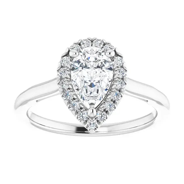 14K White Gold 1 CTW Pear-Shaped Diamond Halo Engagement Ring with Tapered Shank