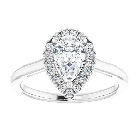 14K White Gold 1 CTW Pear-Shaped Diamond Halo Engagement Ring with Tapered Shank