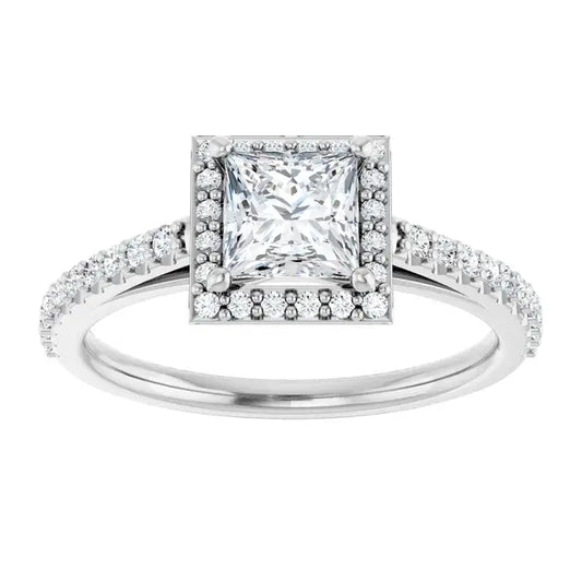14K White Gold 1 CTW Princess Cut Diamond Engagement Ring with Halo and Pavé Accents