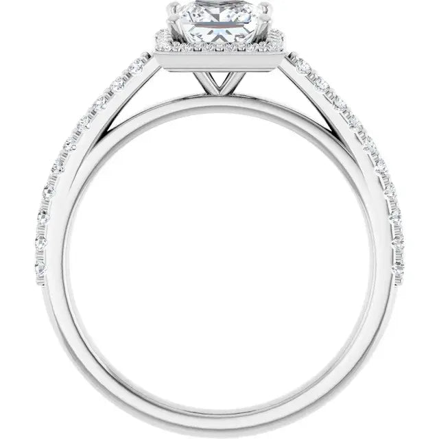 14K White Gold 1 CTW Princess-Cut Diamond Engagement Ring with Halo and Pavé Accents