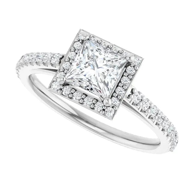 14K White Gold 1 CTW Princess Cut Diamond Engagement Ring with Halo and Pavé Accents