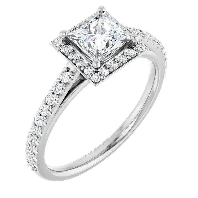 14K White Gold 1 CTW Princess Cut Diamond Engagement Ring with Halo and Pavé Accents