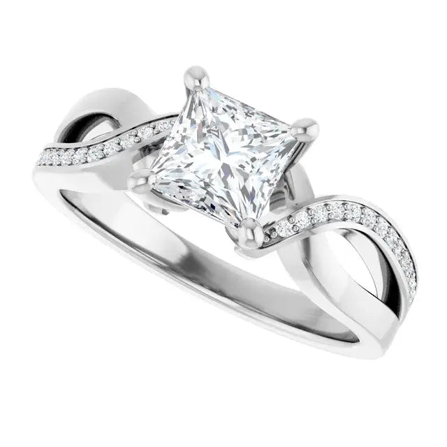 14K White Gold 1 CTW Princess Cut Diamond Engagement Ring with Twisted Pavé Shank