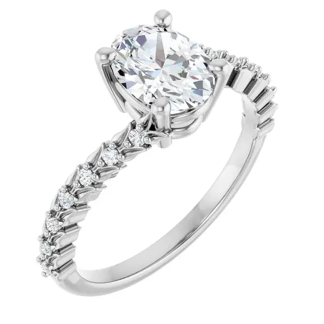14K White Gold 1 CT Oval-Cut Diamond Engagement Ring with Twisted Pave Band