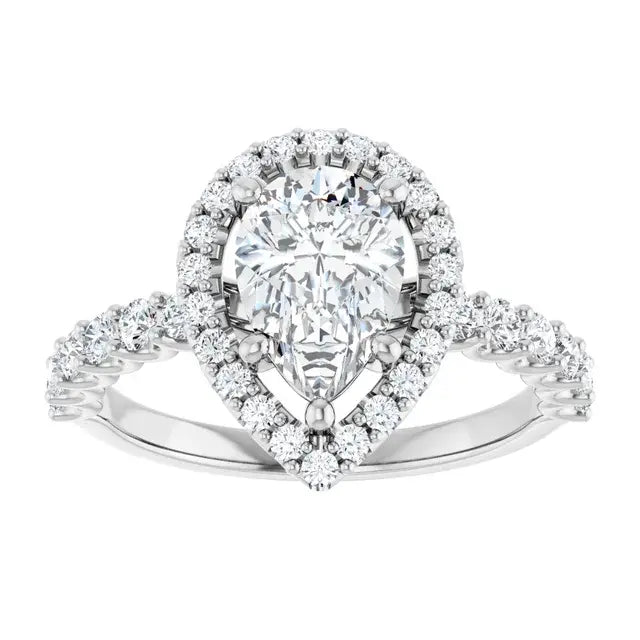 14K White Gold 2 CTW Pear-Shaped Diamond Halo Engagement Ring with Pavé Band