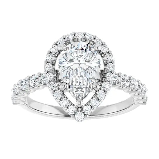 14K White Gold 2 CTW Pear-Shaped Diamond Halo Engagement Ring with Pavé Band