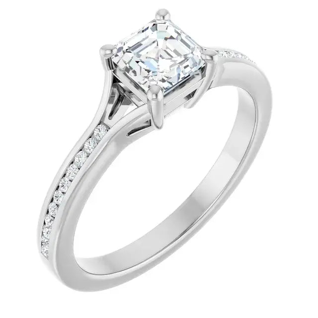 14K White Gold 3/4 CTW Asscher-Cut Diamond Engagement Ring with Tapered Pave Accents