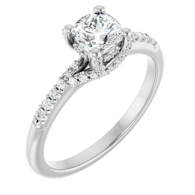 14K White Gold 3/4 CTW Cushion-Cut Diamond Engagement Ring with Hidden Halo and Pave Band