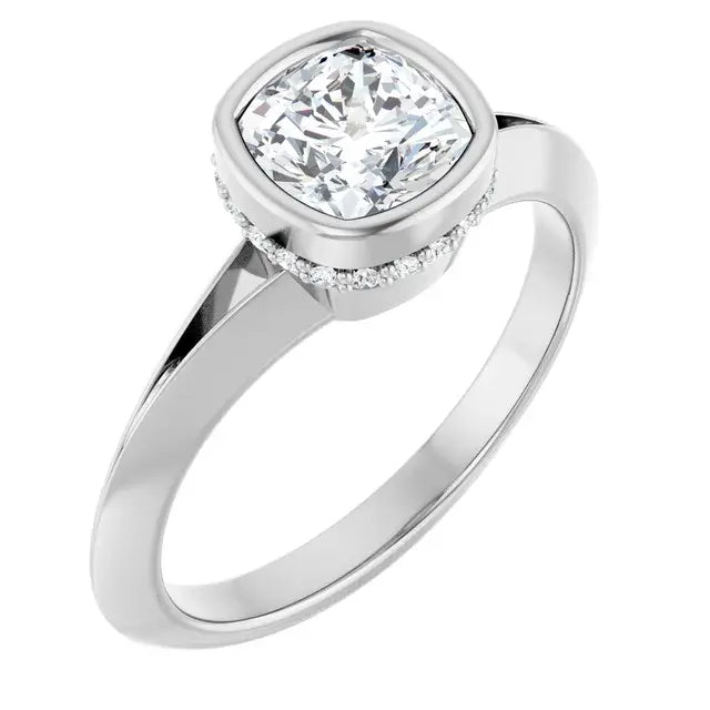 14K White Gold 3/4 CTW Cushion Cut Diamond Solitaire Engagement Ring with Bezel Setting