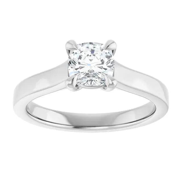 Diamond ring with a white gold band on a white background