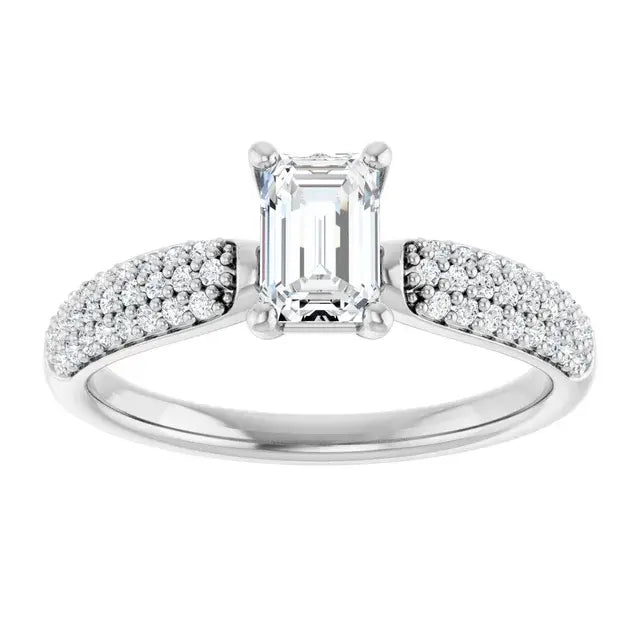 14K White Gold 3/4 CTW Emerald Cut Diamond Engagement Ring with Tapered Pavé Shoulders