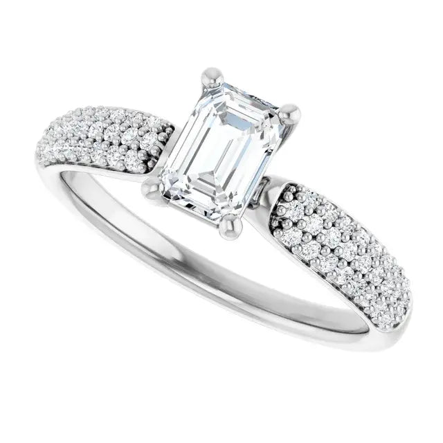 14K White Gold 3/4 CTW Emerald Cut Diamond Engagement Ring with Tapered Pavé Shoulders