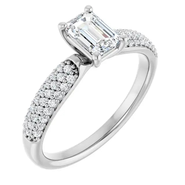 14K White Gold 3/4 CTW Emerald Cut Diamond Engagement Ring with Tapered Pavé Shoulders