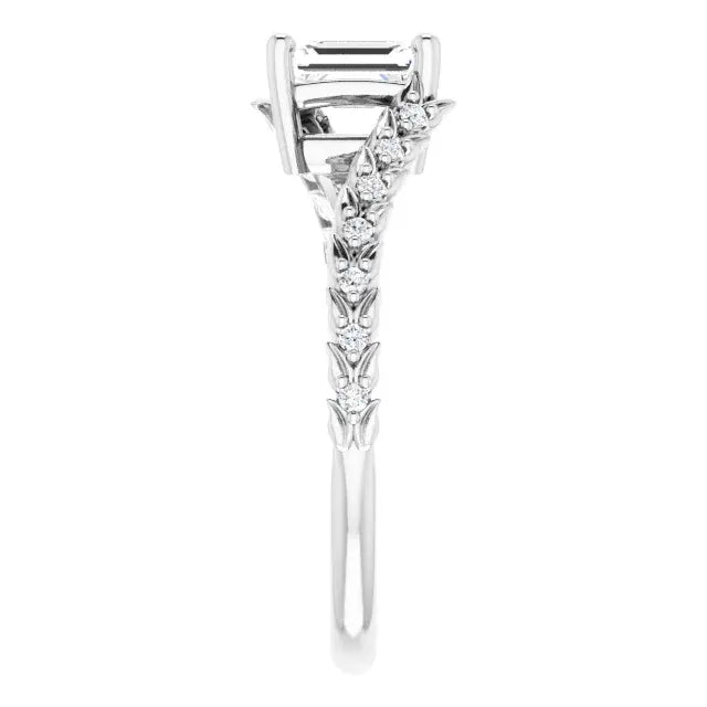 14K White Gold 3/4 CTW Emerald Cut Diamond Engagement Ring with Twisted Leaf and Round Accent Diamonds