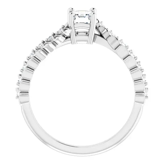 14K White Gold 3/4 CTW Emerald Cut Diamond Engagement Ring with Twisted Leaf and Round Accent Diamonds