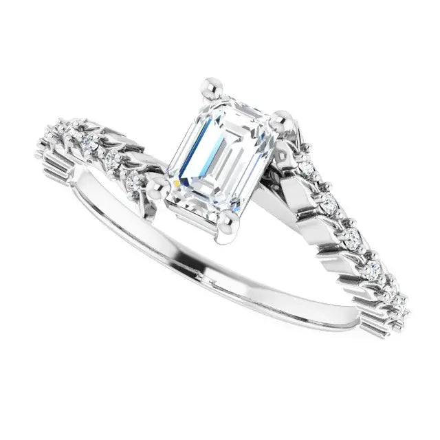 14K White Gold 3/4 CTW Emerald Cut Diamond Engagement Ring with Twisted Leaf and Round Accent Diamonds