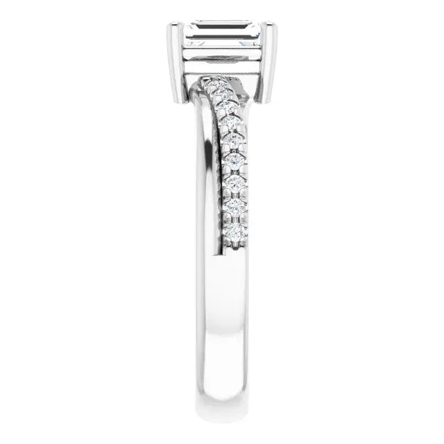 14K White Gold 3/4 CTW Emerald Cut Diamond Three-Stone Engagement Ring with Round Side Accents