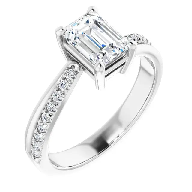 14K White Gold 3/4 CTW Emerald Cut Diamond Three-Stone Engagement Ring with Round Side Accents
