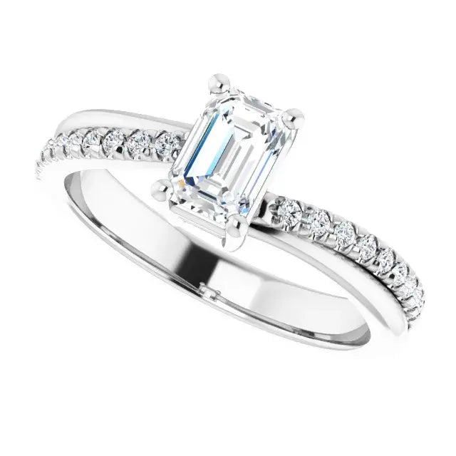 14K White Gold 3/4 CTW Emerald Cut Diamond Three-Stone Engagement Ring with Round Side Accents