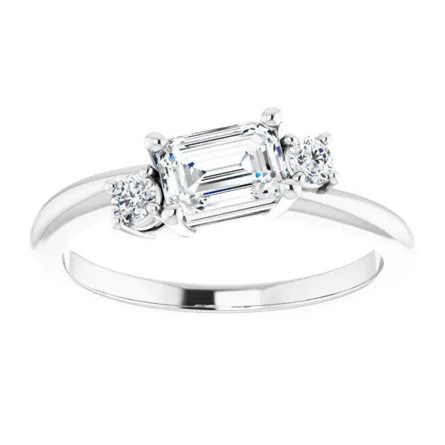 14K White Gold 3/4 CTW Emerald Cut Diamond Three-Stone Engagement Ring with Round Side Accents