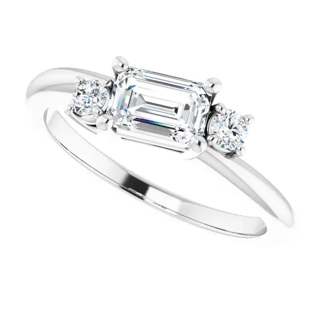 14K White Gold 3/4 CTW Emerald Cut Diamond Three-Stone Engagement Ring with Round Side Accents