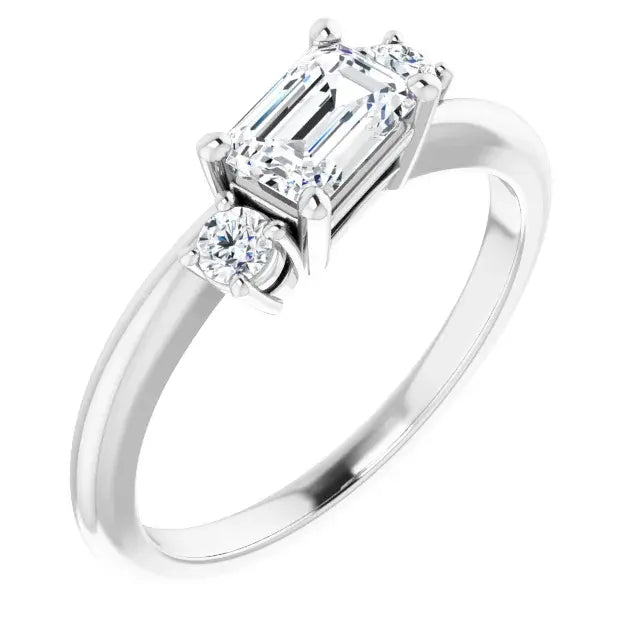 14K White Gold 3/4 CTW Emerald Cut Diamond Three-Stone Engagement Ring with Round Side Accents