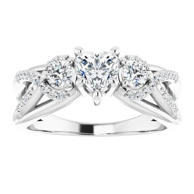 14K White Gold 3/4 CTW Heart Cut Diamond Three-Stone Engagement Ring with Twisted Pavé Accents