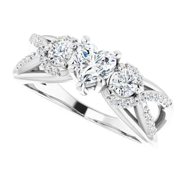 14K White Gold 3/4 CTW Heart Cut Diamond Three-Stone Engagement Ring with Twisted Pavé Accents