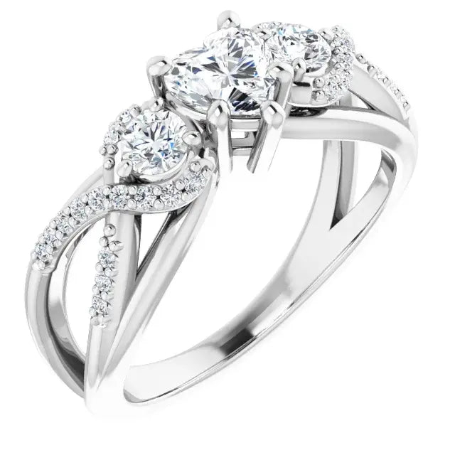 14K White Gold 3/4 CTW Heart Cut Diamond Three-Stone Engagement Ring with Twisted Pavé Accents