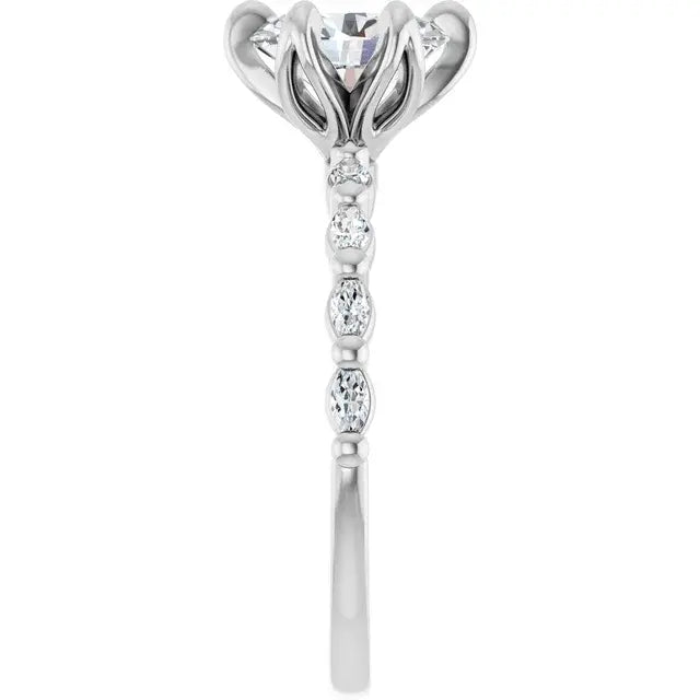 14K White Gold 1 1/4 CTW Oval-Cut Diamond Engagement Ring with Scalloped Band and Six-Prong Setting