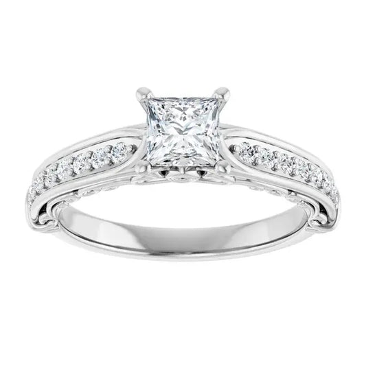14K White Gold 3/4 CTW Princess Cut Diamond Engagement Ring with Pavé Split Shank Accents