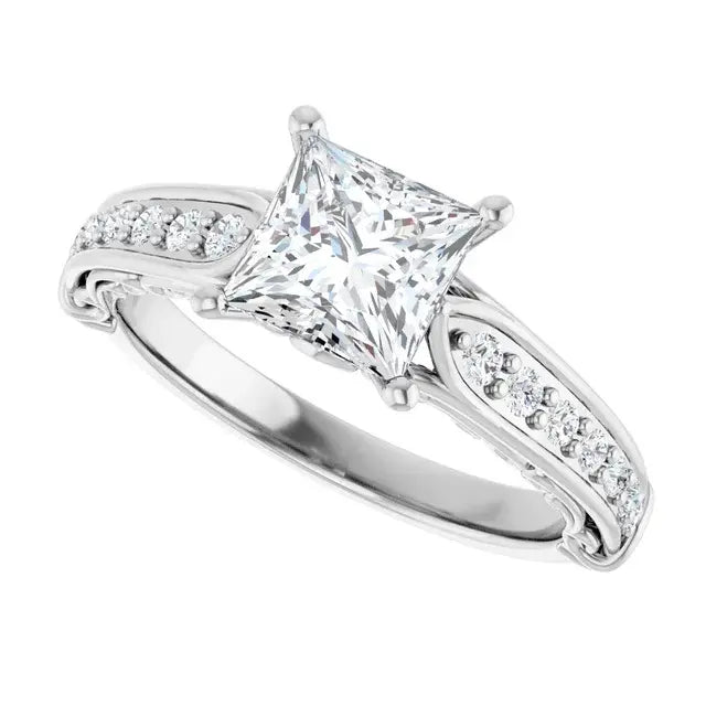 14K White Gold 3/4 CTW Princess Cut Diamond Engagement Ring with Pavé Split Shank Accents