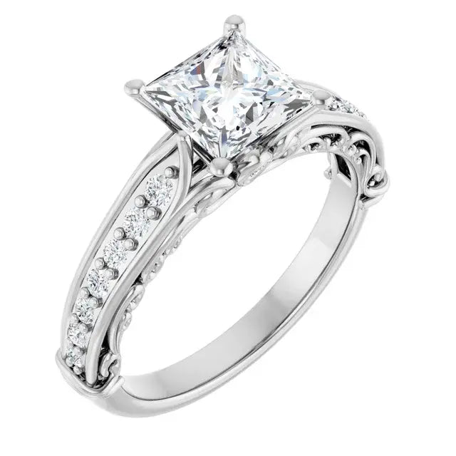 14K White Gold 3/4 CTW Princess Cut Diamond Engagement Ring with Pavé Split Shank Accents