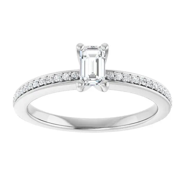 14K White Gold 3/8 CTW Emerald-Cut Diamond Engagement Ring with Pave Band