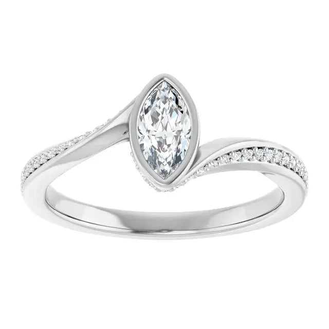 14K White Gold 3/8 CTW Marquise Cut Diamond Engagement Ring with Twisted Pavé Band and Bezel Setting