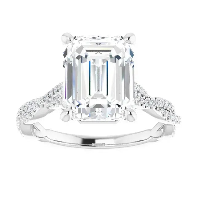 14K White Gold 3 9/10 CTW Emerald Cut Diamond Engagement Ring with Twisted Pavé Band