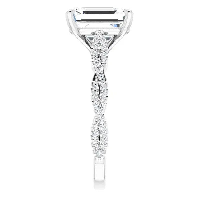 14K White Gold 3 9/10 CTW Emerald Cut Diamond Engagement Ring with Twisted Pavé Band