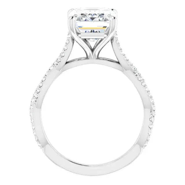 14K White Gold 3 9/10 CTW Emerald Cut Diamond Engagement Ring with Twisted Pavé Band
