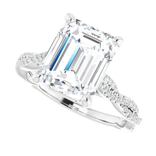 14K White Gold 3 9/10 CTW Emerald Cut Diamond Engagement Ring with Twisted Pavé Band