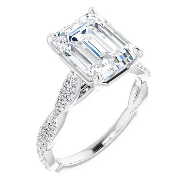 14K White Gold 3 9/10 CTW Emerald Cut Diamond Engagement Ring with Twisted Pavé Band