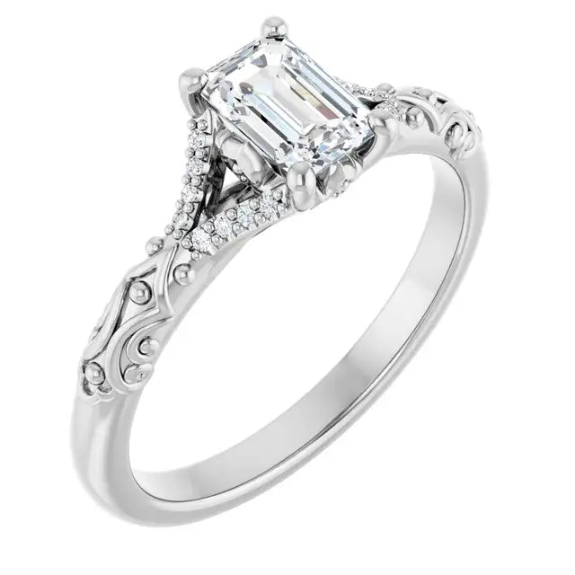 14K White Gold 5/8 CTW Emerald-Cut Diamond Engagement Ring with Vintage-Inspired Filigree and Pave Accents